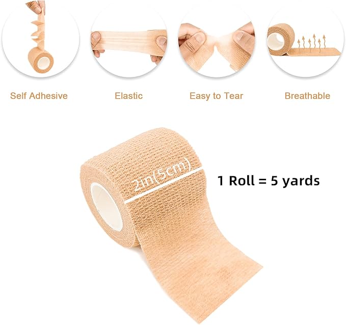 [24 Pack 2" x5 Yards] Beige-Self Adhesive Bandages Pre Wrap, Athletic Elastic Cohesive Bandage for Sports, Injuries, Treatments, and Recovery, First Aid Tape Vet Wrap for Cat, Dog
