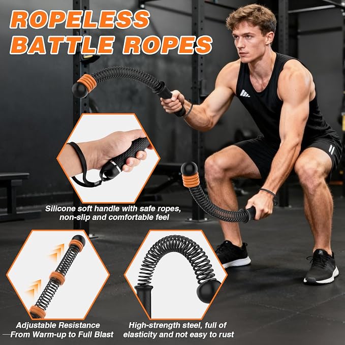 Ropeless Battle Ropes for Home Gym, Portable Cordless with Storage Bag & 8 Adjustable Weight Rings, Heavy Duty Fitness Rope for HIIT, Strength, High Calorie Burn & Low-Impact Cardio for Men & Women