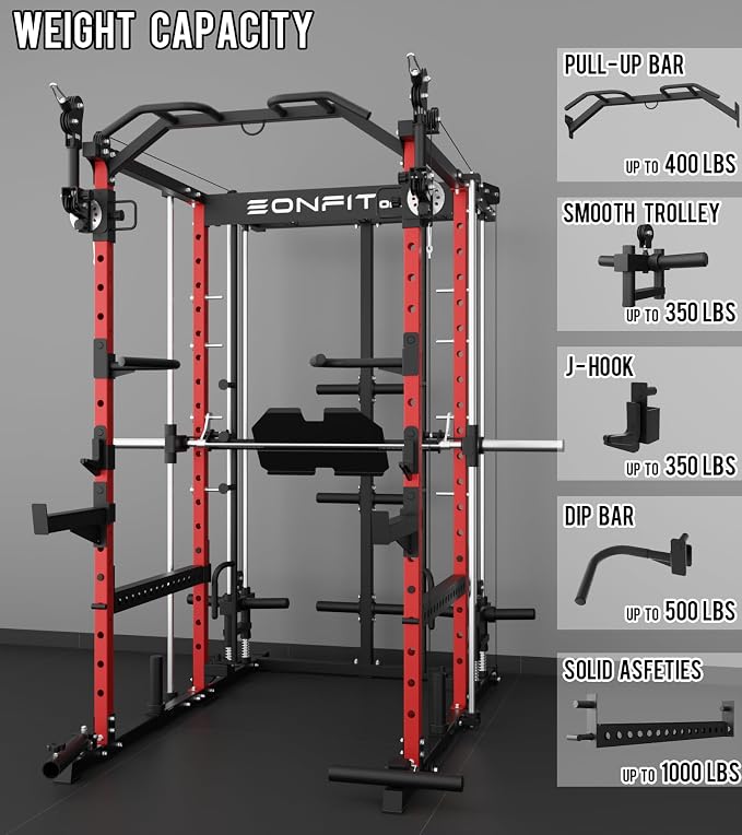 Eonfit E5 Smith Machine with Leg Press for Home Gym | Functional Trainer Power Rack Power Cage With Pivot Arms Lat Cable Crossover Pulley System All In One For Garage Apartment