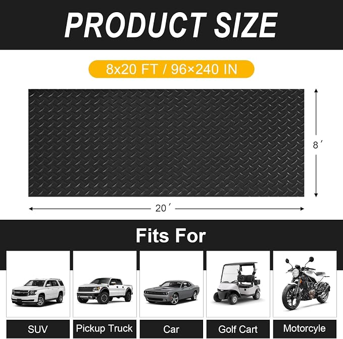 8x20 FT Garage Floor Mat, 2.8mm Thickened Flooring Roll for Under Car Diamond Plate PVC Rubber Mat with 20 Pcs Tapes, Non-Slip Floor Mat for Garage, Warehouse, Gyms, Trailer, Black