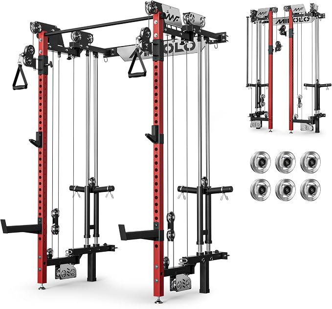 Mikolo Folding Squat Rack, Wall Mounted Power Rack with Cable Crossover Machine & LAT Pull Down, Functional Trainer with 5 Adjustable Function Modes, Home Gym Package