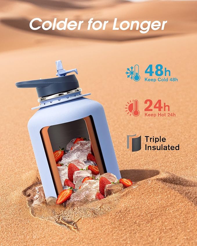 Coolflask Half Gallon Water Bottle Insulated Stainless Steel with Strap | 64 oz Large Water Jug with Straw & Spout Lids,Triple-Wall, Cold 48+h,Dishwasher Safe, Leakproof, BPA-Free,for Gym & Hiking