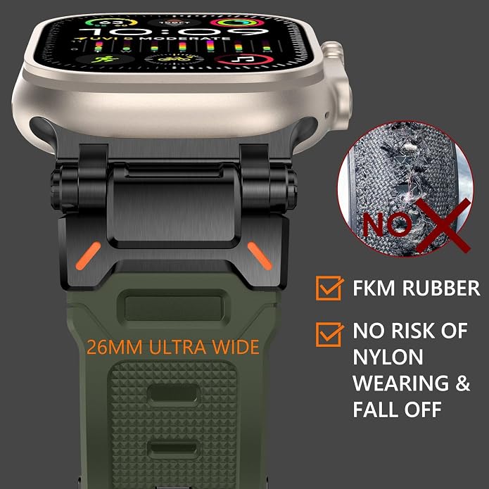 WINGLE FKM Rubber Bands for Apple Watch Band Ultra 3/2/1 Band Ultra 49mm Series 11 10 46mm 45mm 44mm 42mm SE 3/2/1 9 8 7 6 5 4 3 Men, Military Rugged Metal Connector Silicone Apple iWatch Sport Bands
