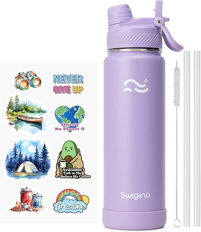 Swigina [2-IN-1 LID] Insulated Water Bottle with Silicone Boot (36hrs Cold/18hrs Hot) - DIY Stickers, Leakproof, BPA Free, 24 oz