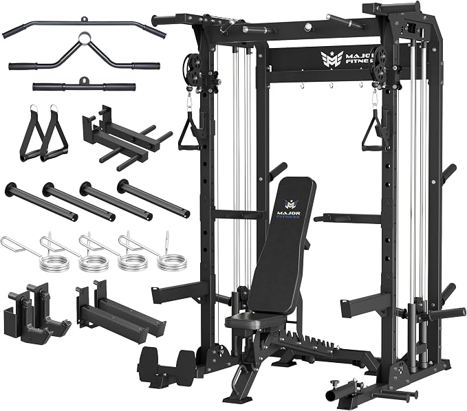 MAJOR FITNESS F22 Power Rack, 1600lbs All-in-One Squat Rack with Dual Pulley System, Heavy-Duty Steel Frame, Attachments & Storage for Home Gym Strength Training