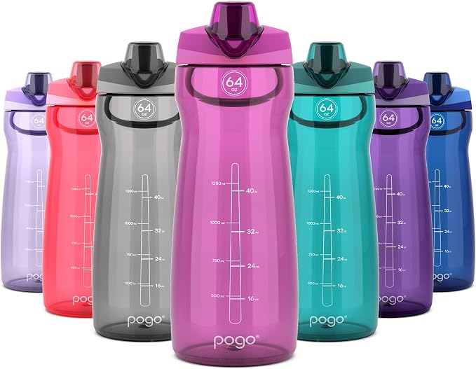 Pogo 64oz Plastic Water Bottle with Chug Lid and Carry Loop, Fuchsia | Leakproof water bottle with chug lid and capacity markings. BPA-free, great for travel, school, outdoors, and gym.