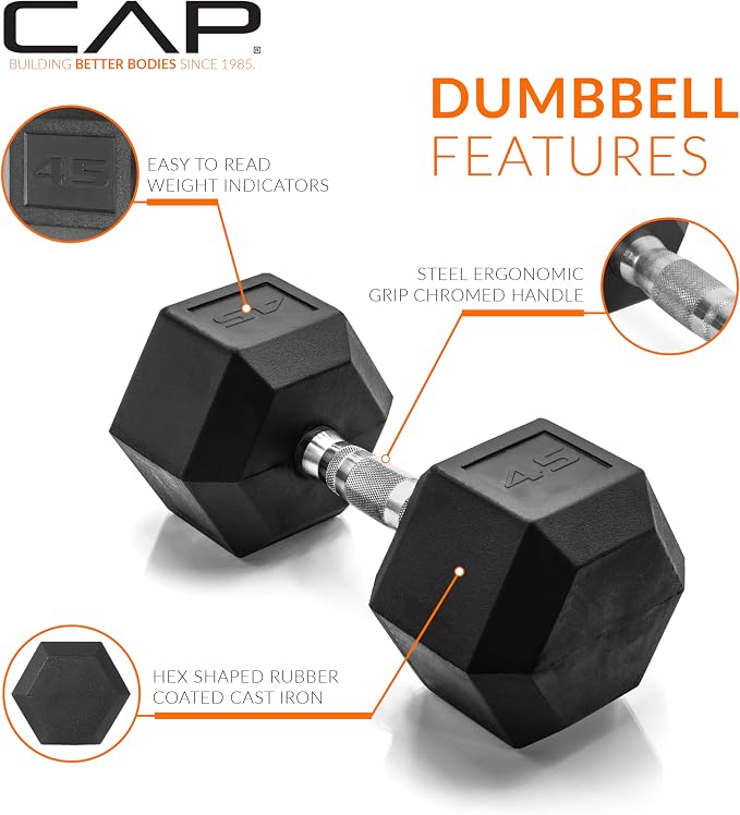 CAP Rubber Coated Dumbbell Weights, Free Weights for Home Gym Strength Training, Anti-Roll Hex Dumbbells with Black, Chrome & Comfort Grip Handles, Pairs & Sets