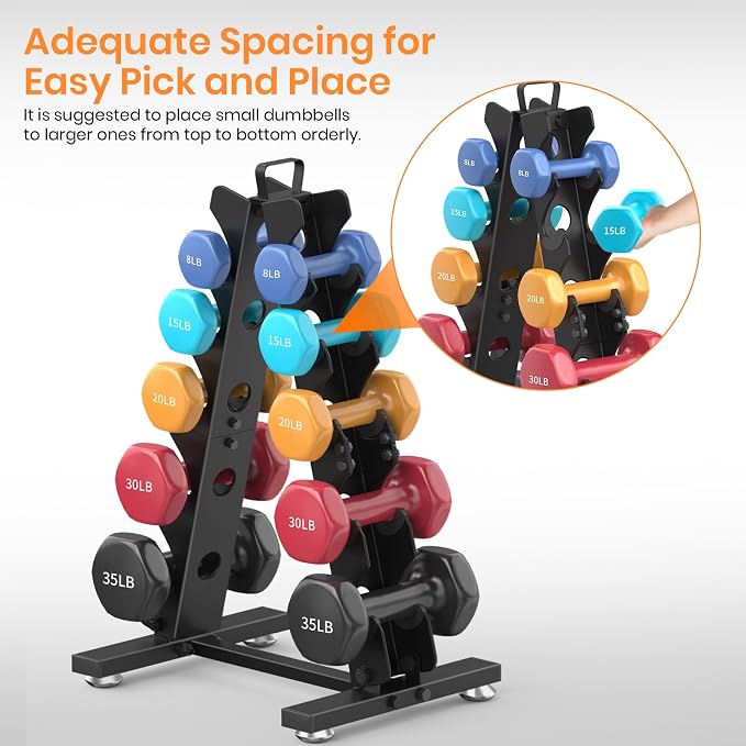 TomCare 6-Tier|5-Tier|4-Tier|2-Tier Dumbbell Rack Stand Only for Home Gym | Stable A-Frame, Fits 5–35 lb Dumbbells, Protective Padded Cradles, Adjustable Feet, Easy-Carry Handle (Stand Only)