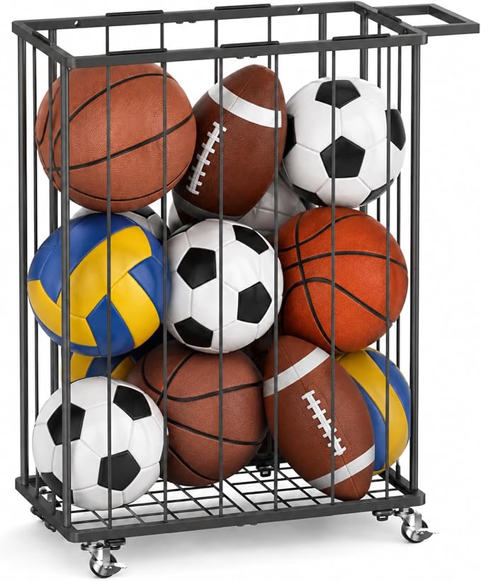 Garage Ball Storage Rack with Wheels, Metal Sports Ball Holder | Basketball Soccer Volleyball Holder with Adjustable Elastic Cords, Ball Organizer Space Saving Rack for Basement Gym Outdoor