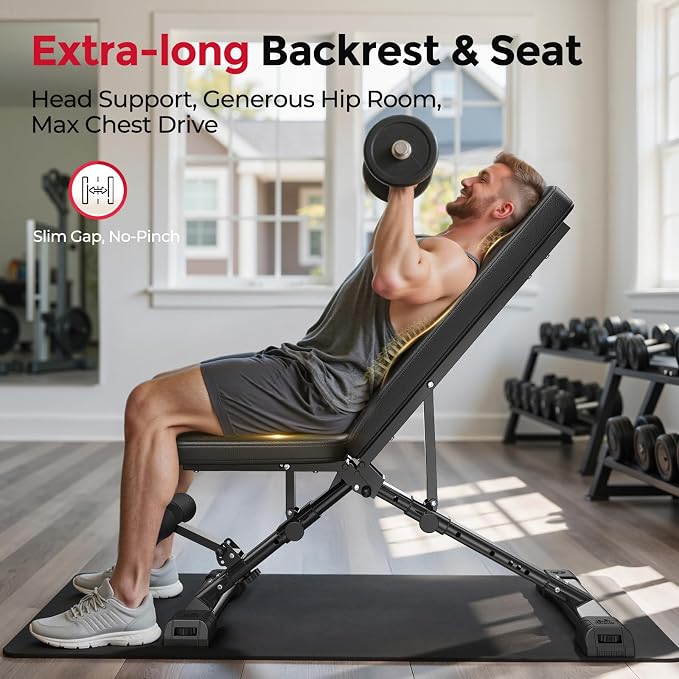 FLYBIRD WB5 Weight Bench, ASTM-Certified 800LBS Adjustable Weight Bench Workout Bench Foldable for Home Gym, 90° to -30° FID and 30in Extended Backrest for Bench Press Strength Training Exercise