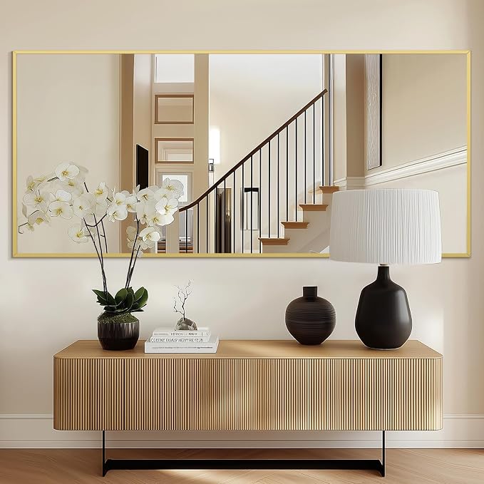 71"x32" Floor Mirror Full Length with Stand, Gold, Rectangular | Free Standing or Leaning Against Wall, Wall‑Mountable, for Gym Bedroom Living Room, Aluminum Alloy Frame, Tempered Glass