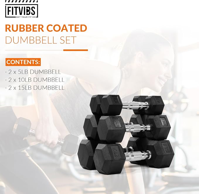Fitvids Rubber Encased Hex Dumbbell Set Contoured Handle for Muscle Toning, Strength Building & Full Body Workout, 60LB, 100LB, 150LB and 550LB Set