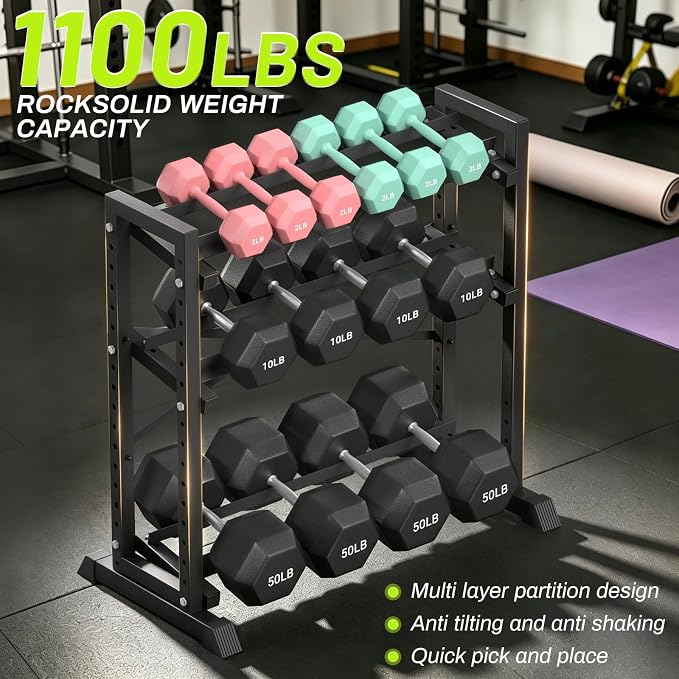 Eocnrhe Dumbbell Rack Stand Only, Weight Rack for Home Gym, 3-Tier Adjustable Dumbell Rack Heavy-Duty Weight Stand for Dumbbells Kettlebells