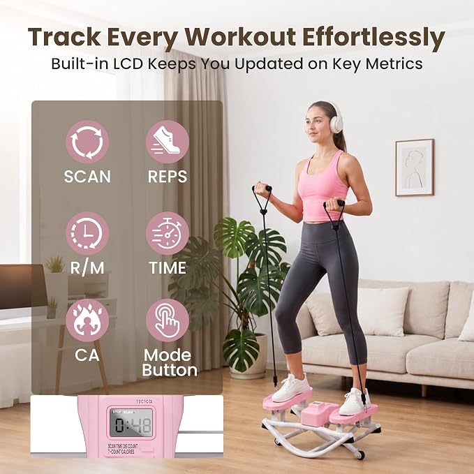 Rock Stepper for Home Exercise, Side-to-Side Mini Stepper with Bands, Low-Impact Cardio for Glutes Legs Core, Quiet LCD Fitness Machine