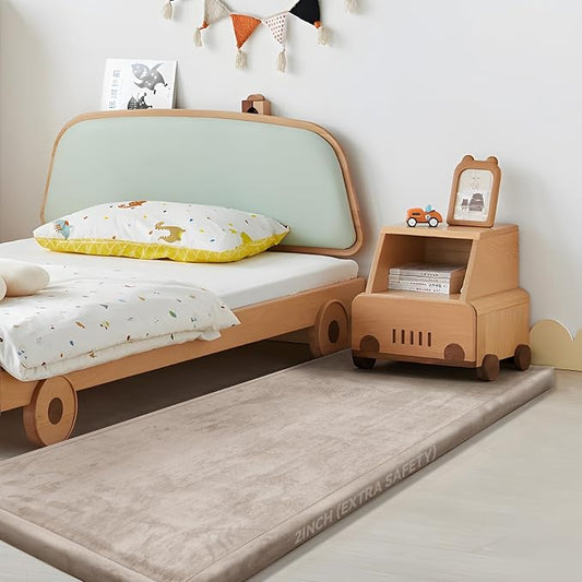 2" Thick Play Mat for Babies Toddlers,Extra Safety Anti-Fall Cushion Mat, Non-Slip Water-Repellent Coral Velvet,28"x72" Bedside Rug for Kids Room (Beige)