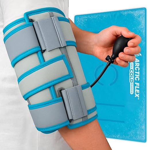 Vive Compression Elbow Ice Pack Wrap w/Inflatable Pump - Pain Relief | Fractures, Tendonitis, Tennis Elbow & Post Surgery Recovery - Adjustable Hot & Cold Therapy Brace - Arctic Flex Gel