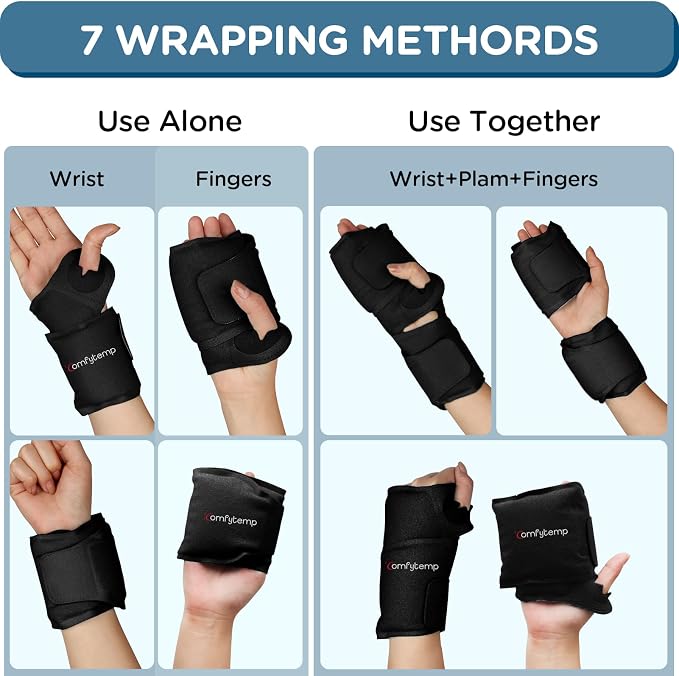 Comfytemp Wrist Ice Pack Wrap for Carpal Tunnel Relief, 2 Packs, Black | HSA Store FSA Eligible Items, Hot Cold Compress Brace for Hand Injury Reusable, Tenosynovitis, Recovery Item for Men Women