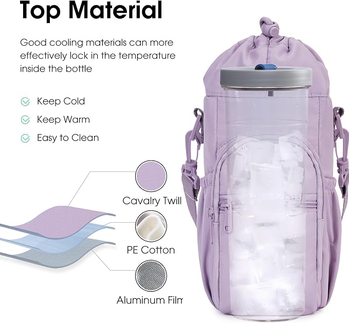 sportsnew 40oz Insulated Crossbody Water Bottle Bag Gym Hiking Phone Pocket | Water-resistant Lining, Padded Strap, Top Handle, Drawstring, Phone Pocket, Elastic Slots, Built-In Key Clip for Gym Walking