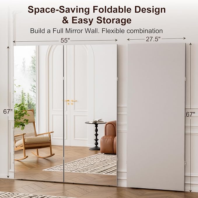 Space-Saving 360° Folding Full Length Mirror, 55" x 67" Oversized Standing/Leaning Mirror, Shatterproof, Lightweight Design for Home Gym, Yoga Studio, Dance Studio, Fitness Studio (Silver)