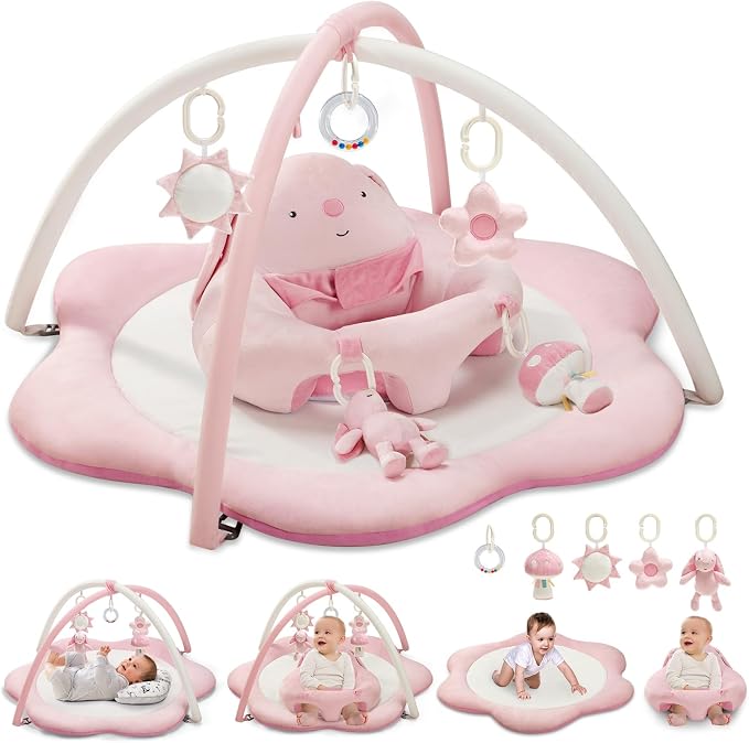 suihuooo 3-in-1 Baby Play Mat, Baby Seats for Infants for Sitting Up, Tummy Time Mat with 5 Detachable Toys, Activity Gym & Playmats for Babies 0-6 6-12 Months, Newborn Babies Shower Gifts