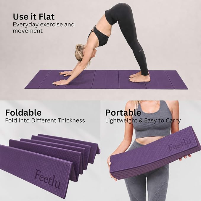 Foldable Yoga Exercise Mat, 6mm/8mm/10mm/12mm Thickness, 72 x 24 Inch - Lightweight, Anti-Slip, and Easy to Store for Yoga, Pilates, Home Workouts, and Floor Exercises
