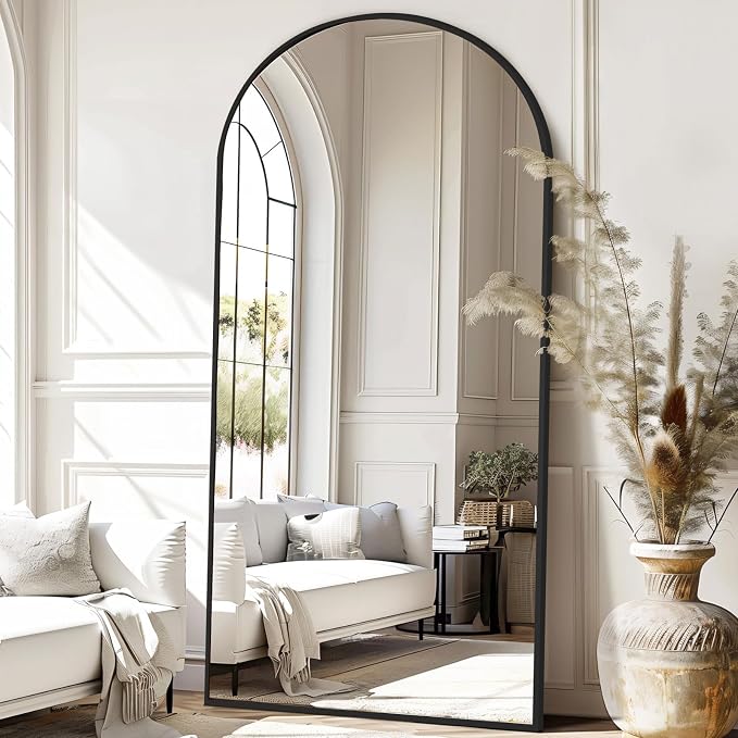 76"x34" Large Arched Floor Mirror Full Length with Stand, Black | Vertically Wall‑Mountable, Freestanding or Wall‑Leaning, for Bedroom Living Room Gym, Tempered Glass, Aluminum Alloy Frame