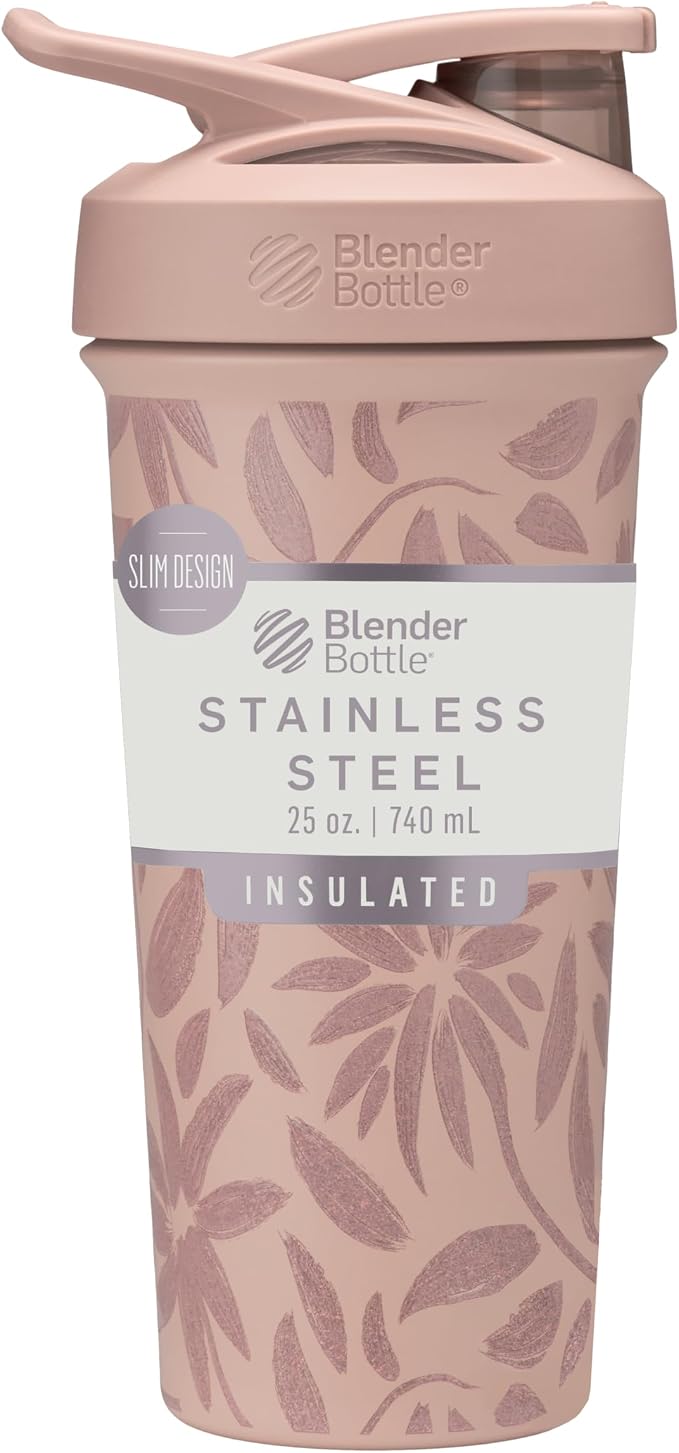 BlenderBottle Strada Sleek Shaker Cup Insulated Stainless Steel Water Bottle with Wire Whisk, 25-Ounce, Brown Flowers