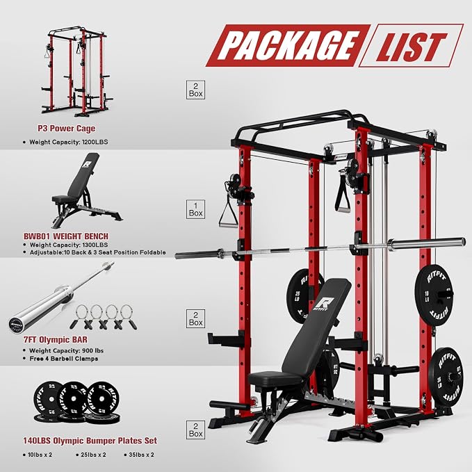 RitFit PPC-P3 Power Cage with Cable Crossover System, 1200LB Capacity | LAT Pulldown & Cable Crossover System with Bumper Plate Set, Olympic Barbell, Bench