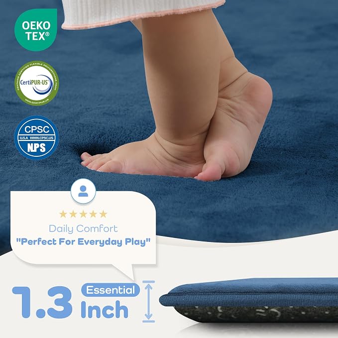 1.3" Thick Baby Floor Play Mat 71x79 Memory Foam Mat Non Slip, Blue | Padded Mat for Tummy Time Crawling, Waterproof Easy Care Kids Rugs for Nursery Playroom Classroom