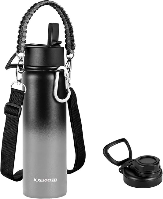 KXIAOCHEN Insulated Water Bottle with Strap, 48-Hour Cold, 2 Lids | Triple-wall insulation, lead-free 18/8 Stainless steel, paracord handle, carabiner clip, for gym, hiking, camping and travel