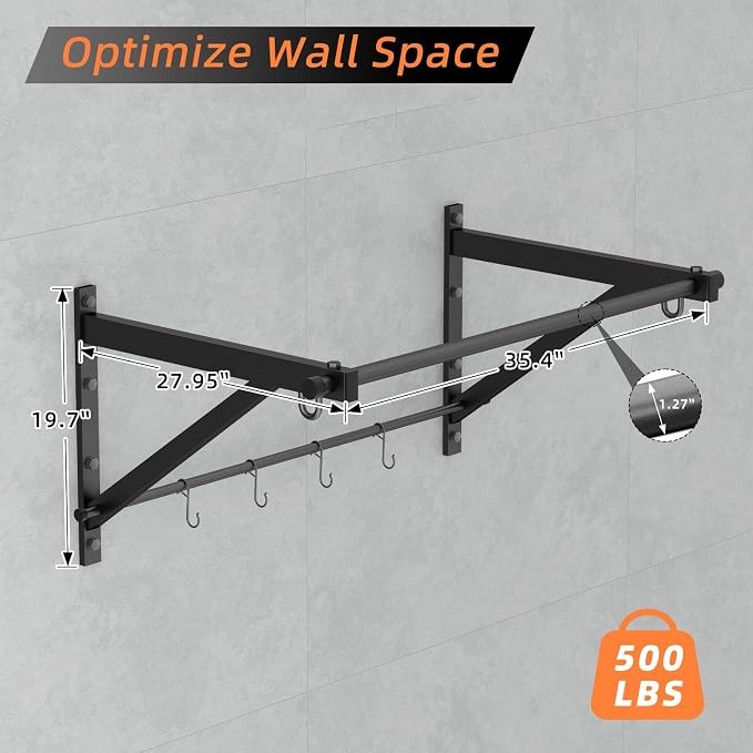 Adjustable Depth Pull Up Bar, Wall & Doorway Mounted Chin Up Bar with Hooks, Thickened Steel Construction, 500LBS Heavy Duty Capacity, Home Garage Upper Body Strength Training Equipment