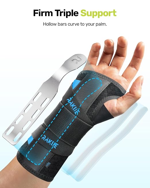 Rakiie Upgraded Carpal Tunnel Wrist Brace, Night Support for Arthritis, Sprain & Tendonitis Pain Relief, Flexible 3-Bar Support, Breathable Fit Hand Splint for Men & Women (Blue, Large, Left Hand)