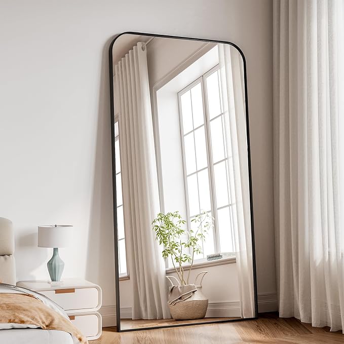 Koonmi Full Length Mirror, 67"x30" Mirror Full Length with Stand | Domed Top Square-Edged ShatterProof Floor Mirror with Black Aluminum Alloy Frame for Bedroom Living Room Home Gym