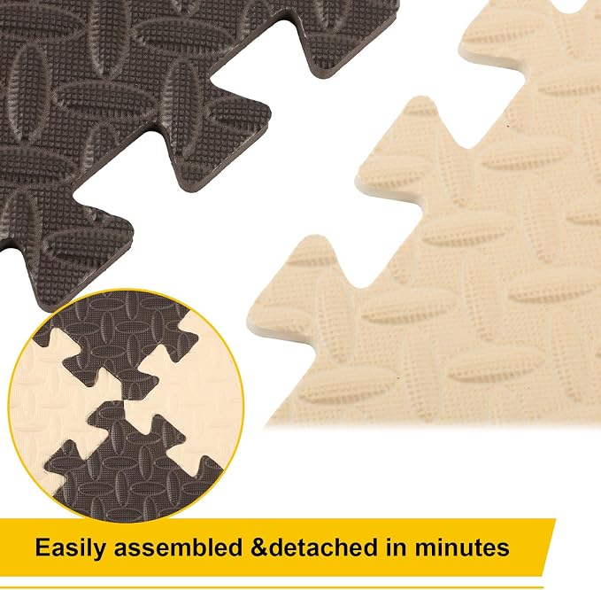 Ecally 100 Pcs 12 x 12 Gym Mat Foam Floor Mats for Home Gym Covers 96 Sq Ft Puzzle Exercise Square Interlocking Carpet Tiles with Border for Workouts Equipment Yoga Pilates (Beige,Brown)
