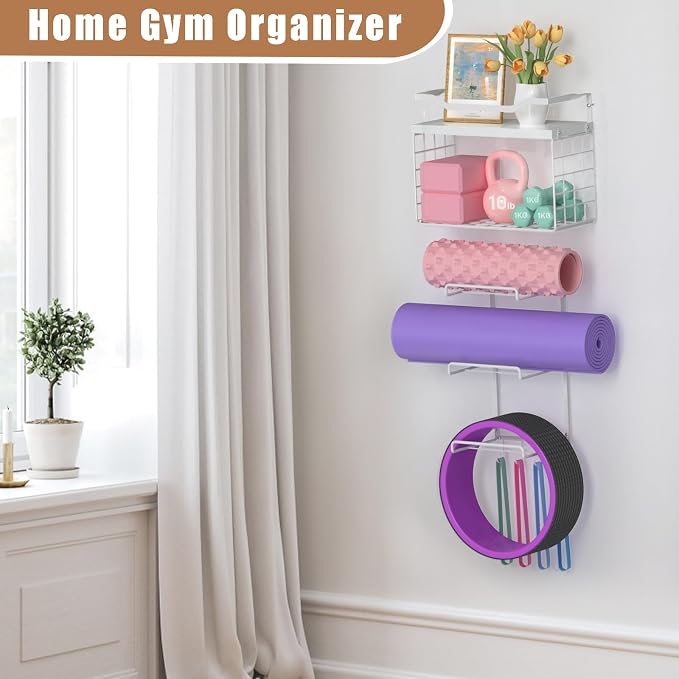 LIDTOP Yoga Mat Holder White, Wall Mount Yoga Accessory Mats Storage Rack, Home Gym Accessories Organizer Storage with Wood Floating Shelves, 4 Hooks Hanging Yoga Strap & Resistance Bands
