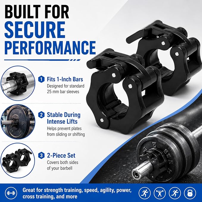 1 Inch Barbell Clamps 2 Pack Quick Release Collars For Standard Bar | Secure Non-Slip Grip, One-Hand Quick Release, High-Strength Nylon, Anti-Slip Rubber Pads