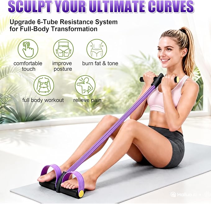 Multifunction Foot Pedal Resistance Bands with Handles, 6-Tube Elastic Yoga Exercise Bands, Home Gym Fitness Equipment for Women & Men to Tone Abs, Core, Legs, Arms, Waist