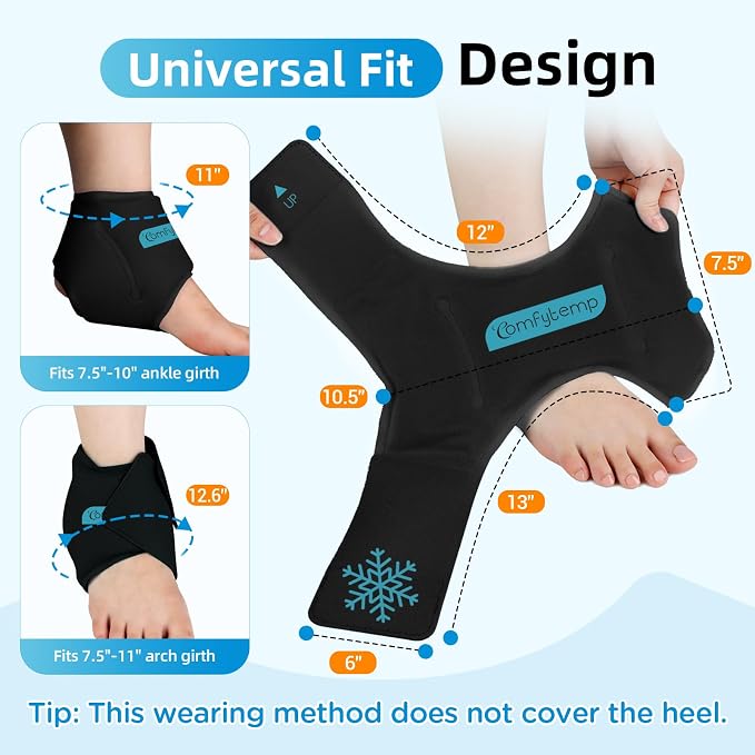 Comfytemp Ankle Ice Pack Wrap for Sprained Ankles, Plantar Fasciitis, 2pcs | FSA Eligible HSA, Foot Pain Relief, Reusable Gel Ice Hot Cold Compress Brace for Achilles Tendonitis, Injury, Swelling, Black
