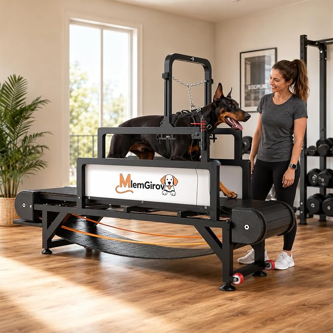 Dog Treadmill with Pin-Hinged Track & 3-Layer Shock Absorption | Waterproof dirt-resistant slats, secure disc brake lock, speed monitor, quiet wheels for indoor outdoor large pet cardio.