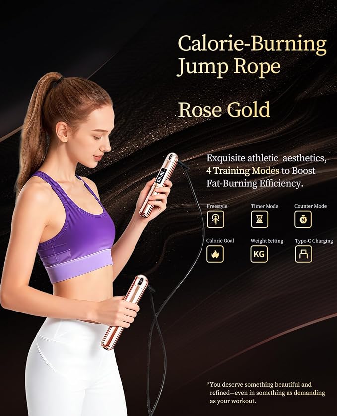 ACHDOFITS Jump Rope with Smart Counter for Adults | Tangle-free Steel Core, 170g. Fits 5'-6'5". 4 Modes: Beginner-HIIT. Rechargeable. For Women & Men. Tracks Calories & Jumps.