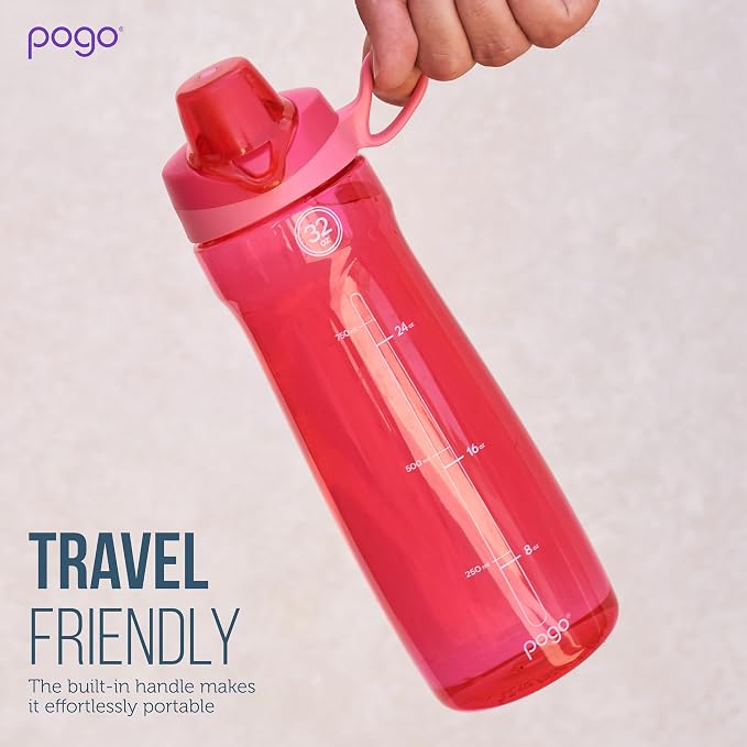 Pogo BPA-Free Tritan Plastic Water Bottle with Chug Lid, 18 Oz, Pink | Leakproof water bottle with chug lid and carry handle. BPA-free, great for travel, school, outdoors, and gym.