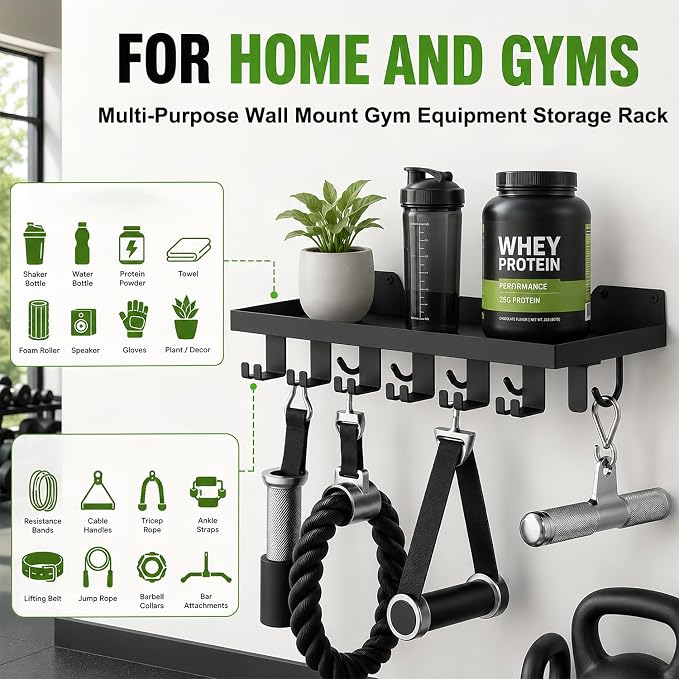 16.9x6 Inch Metal Shelf Compatible with Tonal Accessories, Floating Shelf Organizer for Home Gym Storage, 5 T-Lock Adapters Bracket Hanger, Gym Rack Wall Mounted with Hooks, Black Workout Holder
