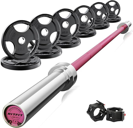 RitFit Barbell Weight Set - 4/6FT Olympic Barbell with Weight Plates (55-115LB Total) - Weightlifting Equipment for Squats, Curls, Deadlifts, Presses, Hip Thrusts