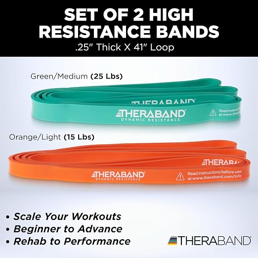 THERABAND High Resistance Band Set of 2, Light and Medium Loop, 15-25 lb | Portable, lightweight, compact, rubber. For home, recovery, gym. Therapy, physical, stretch, elastic. 2-Pack.