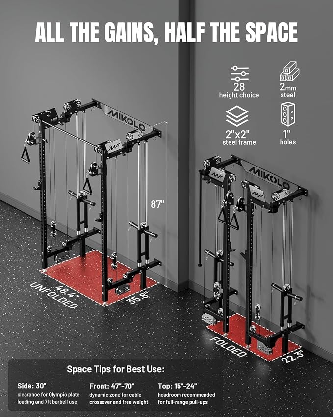 Mikolo Folding Squat Rack, Wall Mounted Power Rack with Cable Crossover Machine & LAT Pull Down, Functional Trainer with 5 Adjustable Function Modes, Home Gym Package
