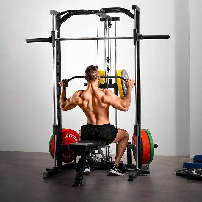 RitFit Smith Machine Power Rack with LAT-Pull Down System | Half Smith Machine with Landmine, Barbell Bar, Plate Storage Pegs and More Training Attachment