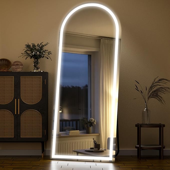LED Arched Full Length Mirror with Lights 65" x26 Aluminum Frame | Floor Mirror with Dimming & 3 Color Lighting, Standing Leaning or Hanging for Bedroom Cloakroom White