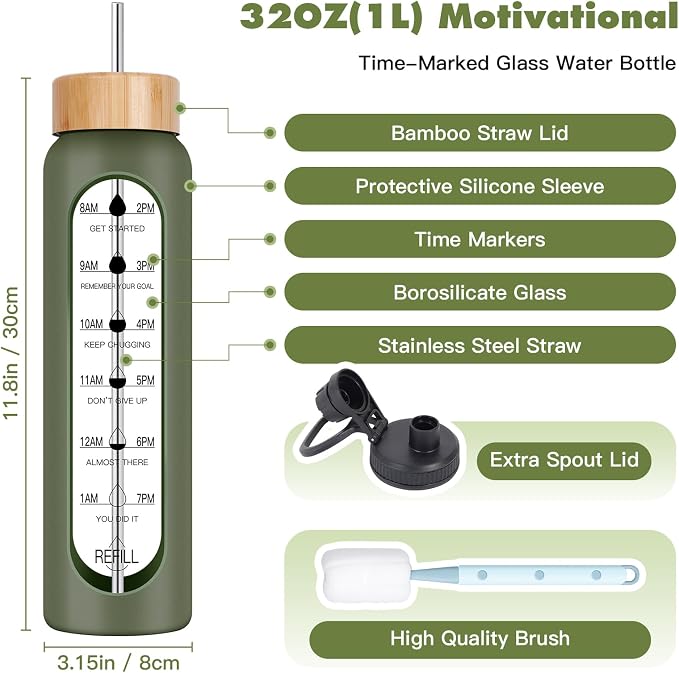 32oz Glass Water Bottle with Time Marker, 2 Lids-Handle Spout Lid & Bamboo Straw Lid, 1 Liter Motivational Borosilicate Water Bottle for Gym, Office, Travel (Green)