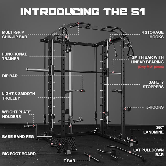 S1-V4 Smith Machine, 2000LBS Power Cage with Cable Crossover System, All-in-One Squat Rack with Smith Bar, Strength Training Equipment for Home Gym