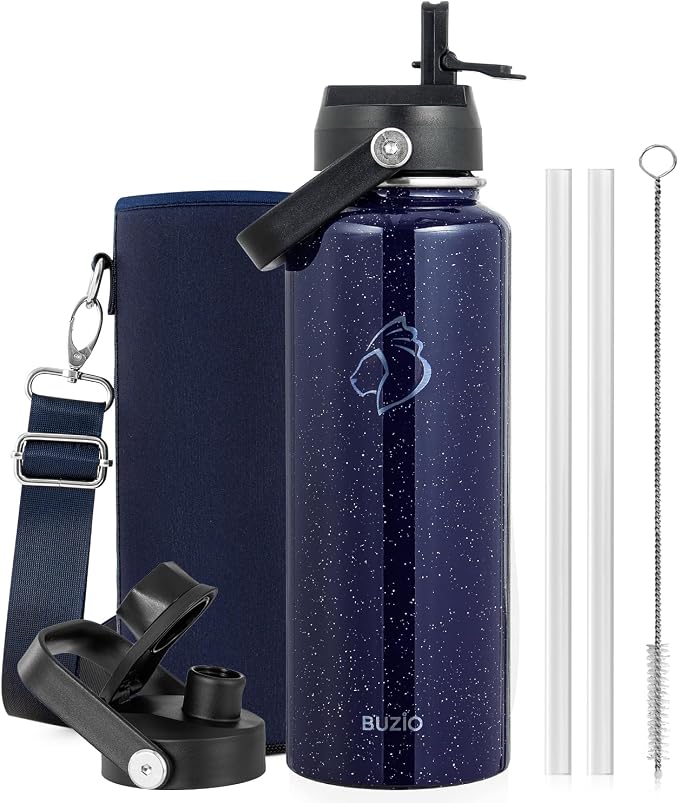 BUZIO Triple Wall Vacuum Water Bottle with Dust-proof Straw & Spout Lids | 40 oz Insulated Stainless Steel Water Flask (Cold for 48 Hrs/Hot for 24 Hrs), Dishwasher Safe, Leakproof, Non-BPA, for Hiking